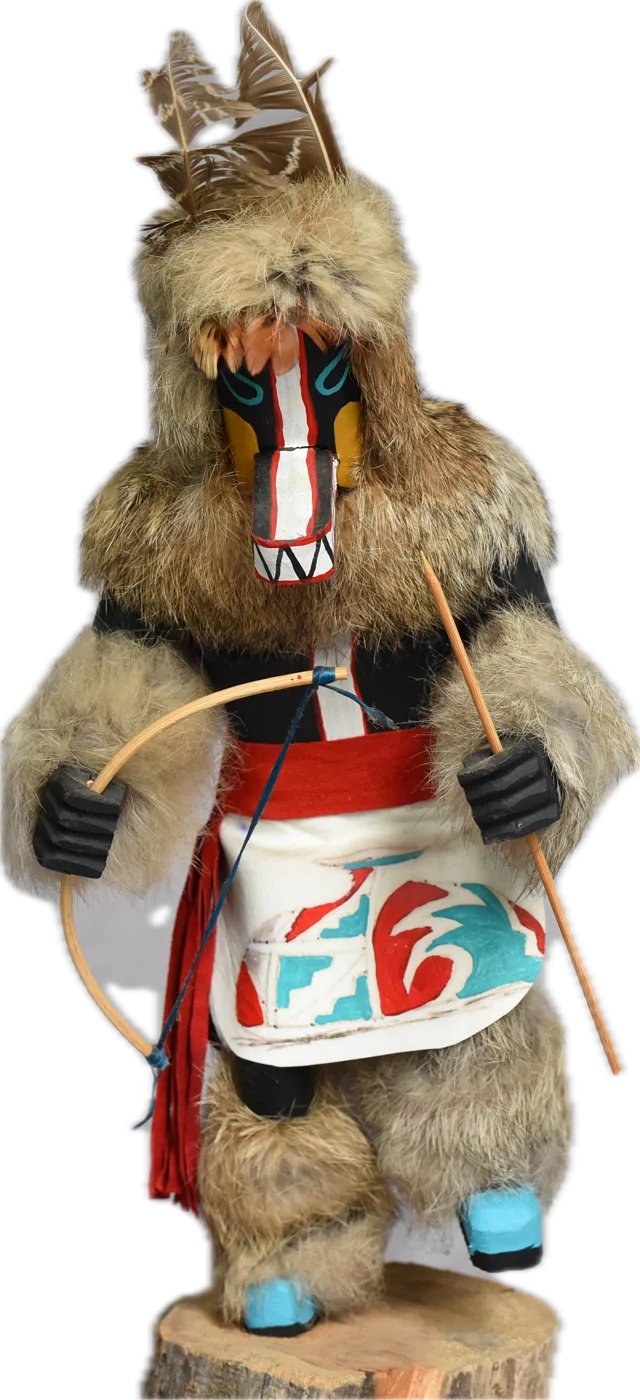 The kachina figure of Rioscuro — crowned, wolf-like, drawing a bow, with turquoise boots